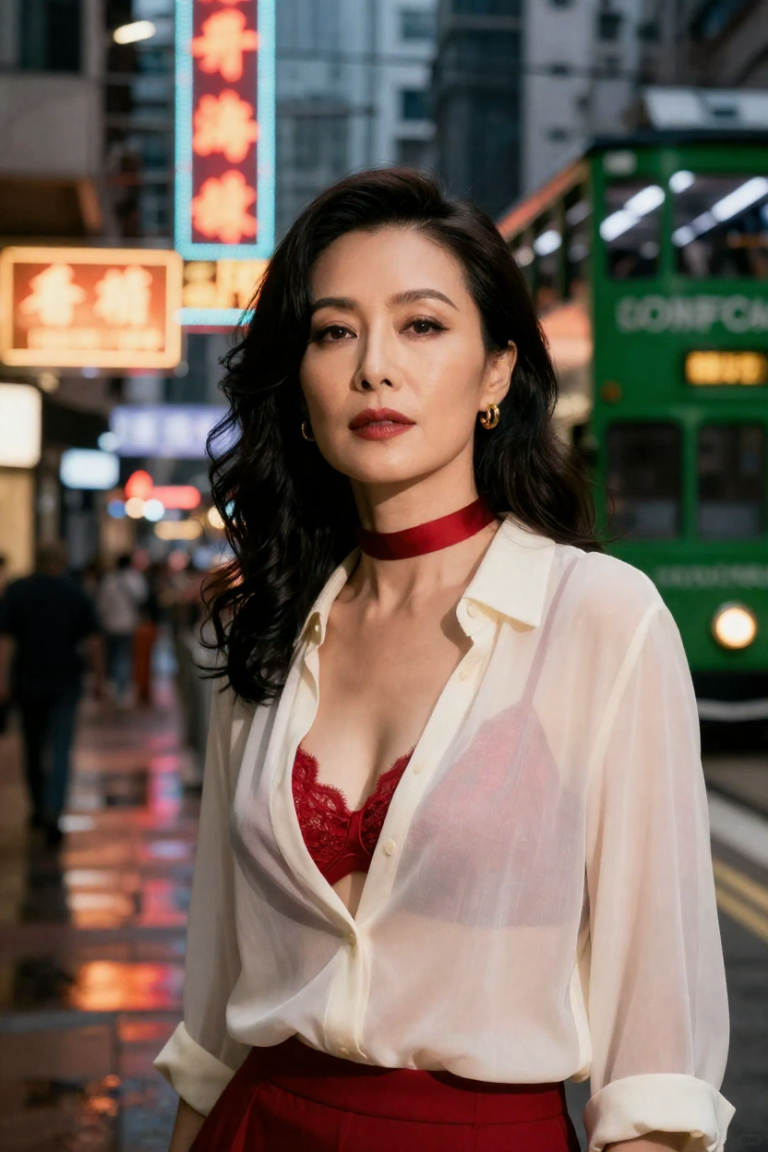 CoinHKMap studio portrait - muse in a sheer ivory blouse over crimson lace lingerie on a neon-lit Hong Kong street